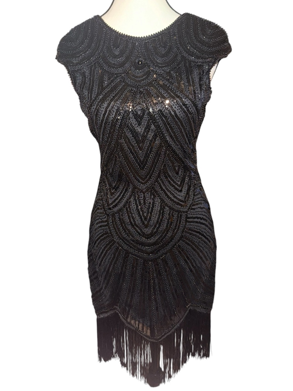 Y2K 1920s flapper dress heavily beaded art deco cocktail evening cap sleeve XS